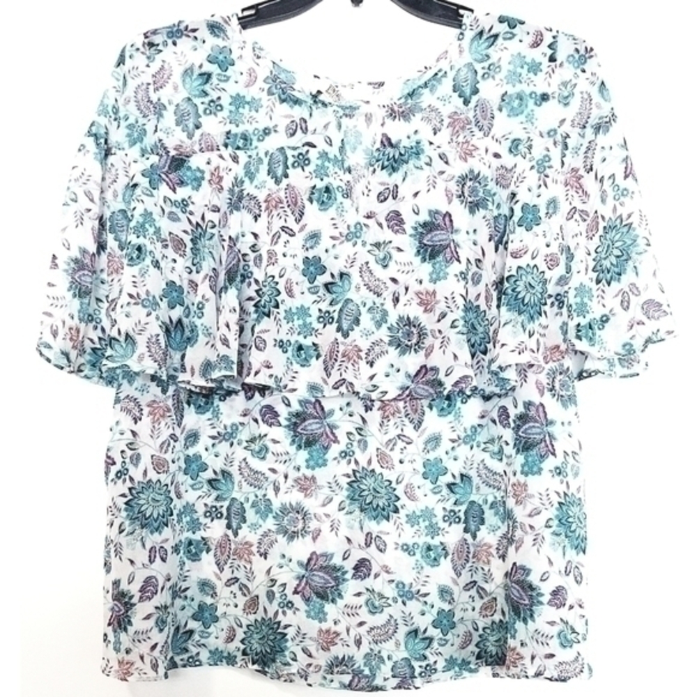 Vintage America Women Teal Floral Chiffon Popover Top Ruffle Sleeve XL